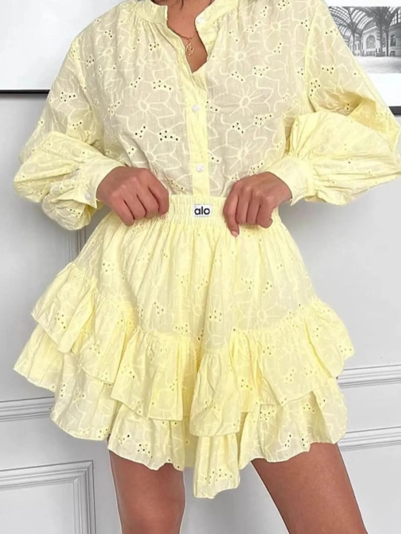 Eyelet Long Sleeve Shirt and Skirt Two - Piece Set