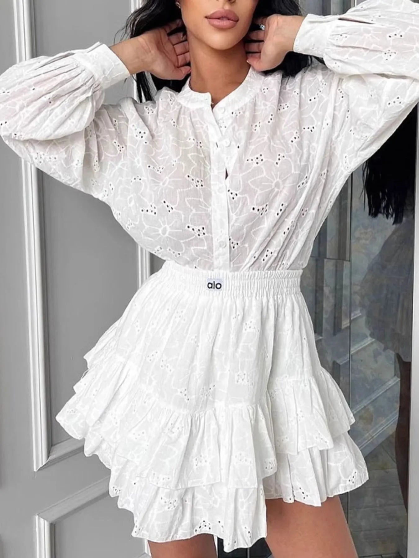 Eyelet Long Sleeve Shirt and Skirt Two - Piece Set
