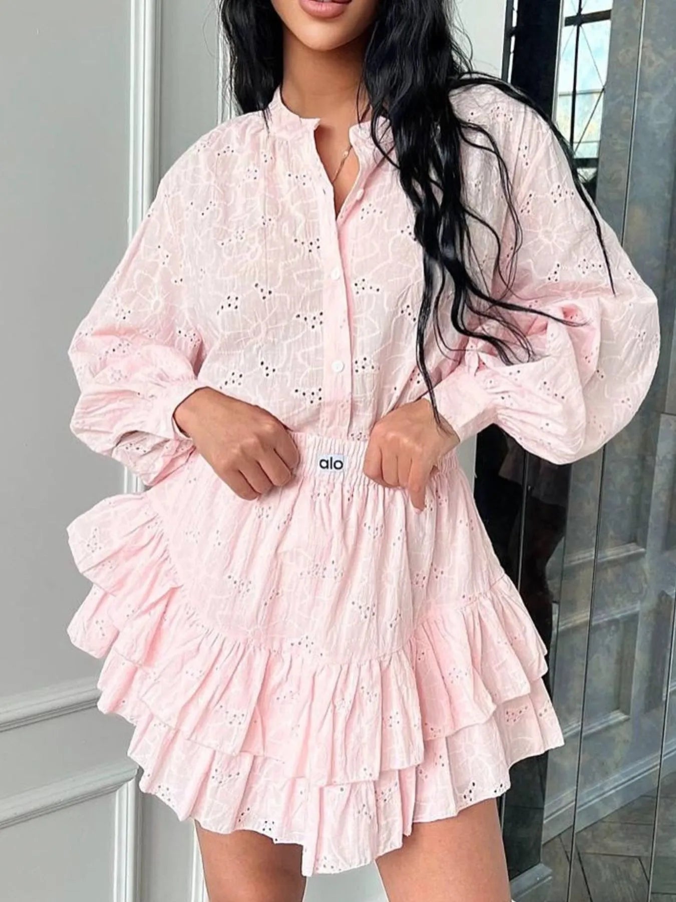 Eyelet Long Sleeve Shirt and Skirt Two - Piece Set