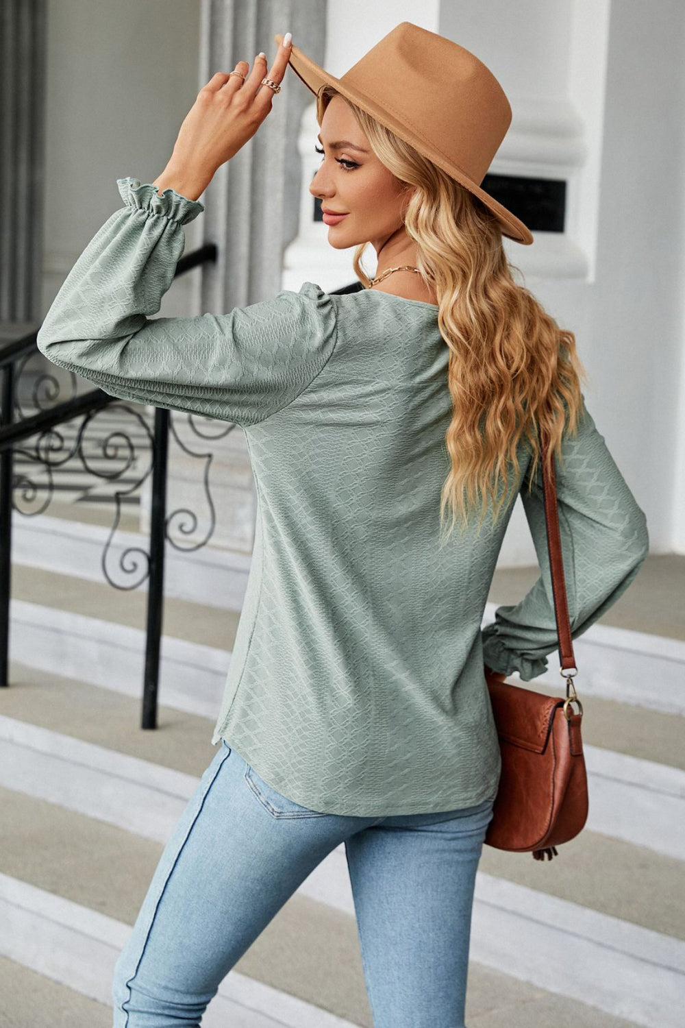 Round Neck Flounce Sleeve Blouse - Classique Collection