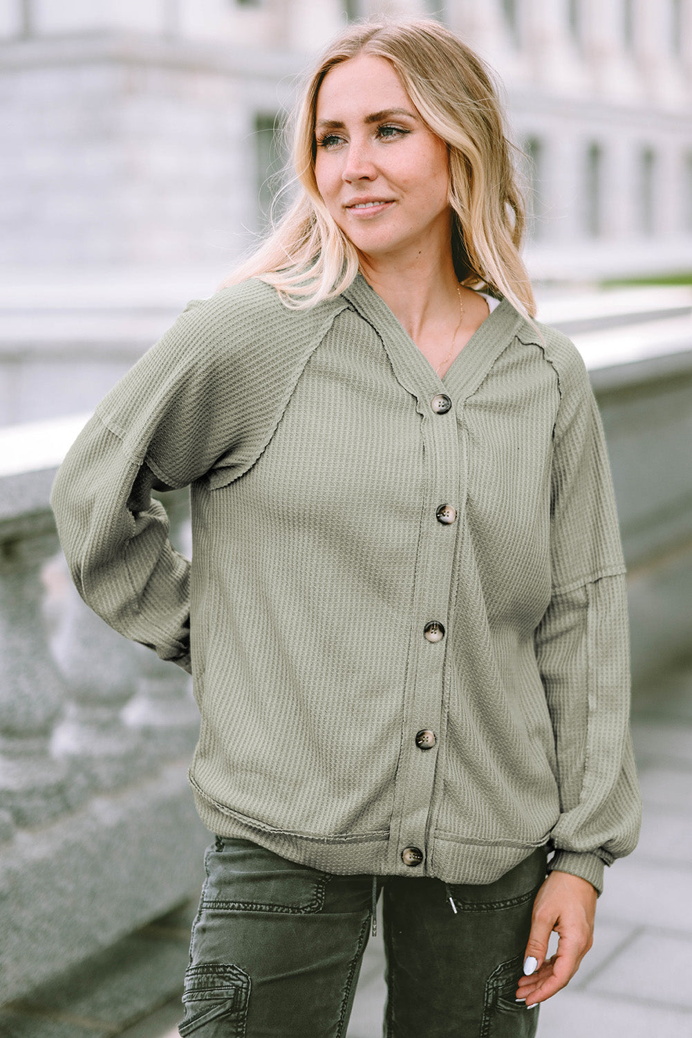 Button Down V-Neck Waffle Knit Shirt - Classique Collection