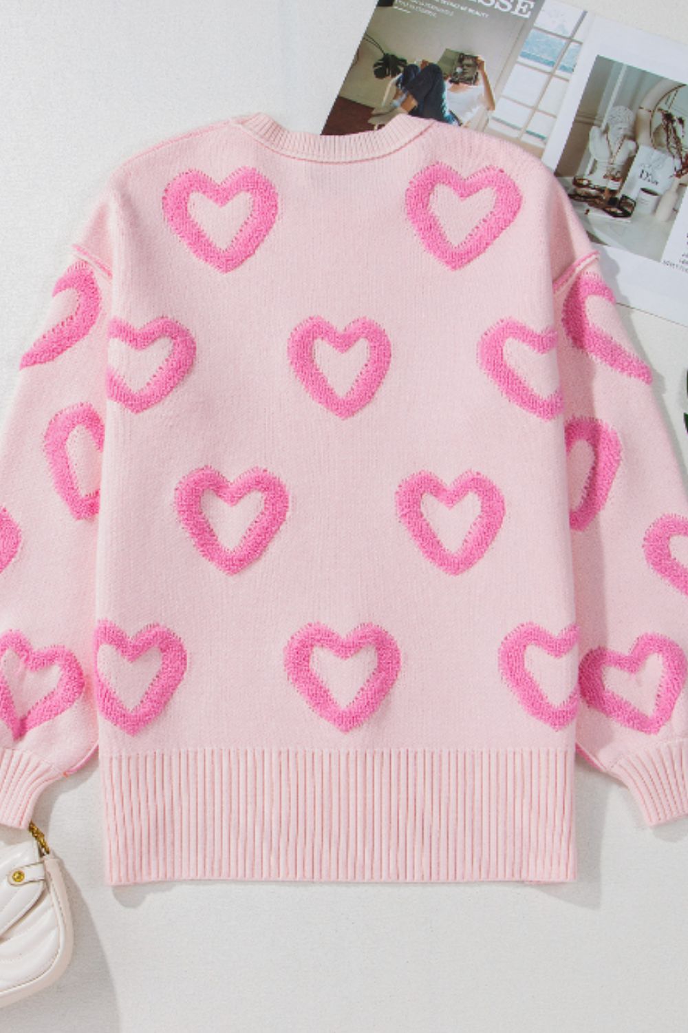 High-Low Heart Round Neck Long Sleeve Sweater - ClassiQ