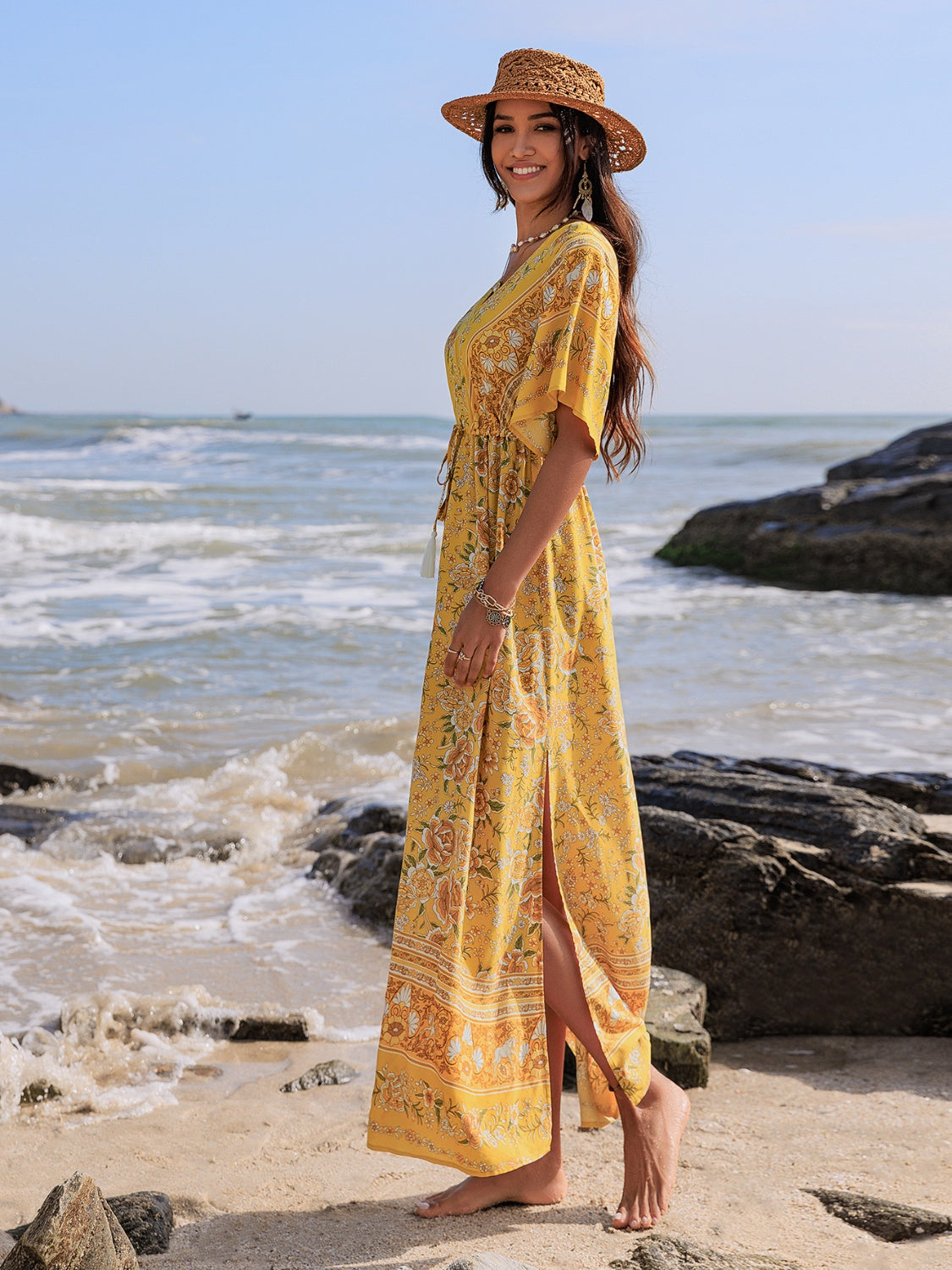 Drawstring Printed Plunge Half Sleeve Dress - Classique Collection