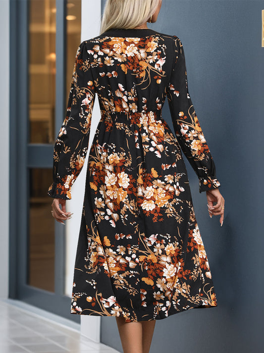 Perfee Printed Notched Long Sleeve Midi Dress - Classique Collection