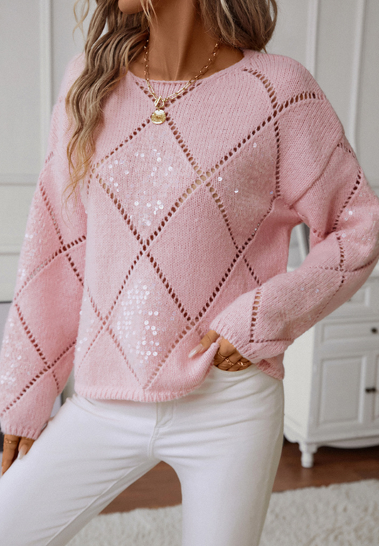 Openwork Sequin Round Neck Long Sleeve Sweater - Classique Collection