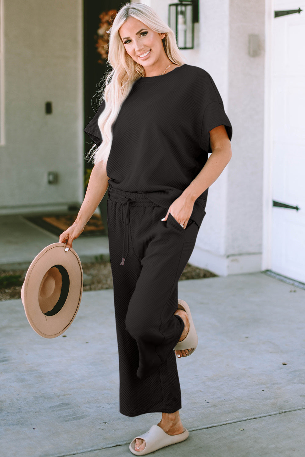 Double Take Full Size Texture Short Sleeve Top and Pants Set - ClassiQ