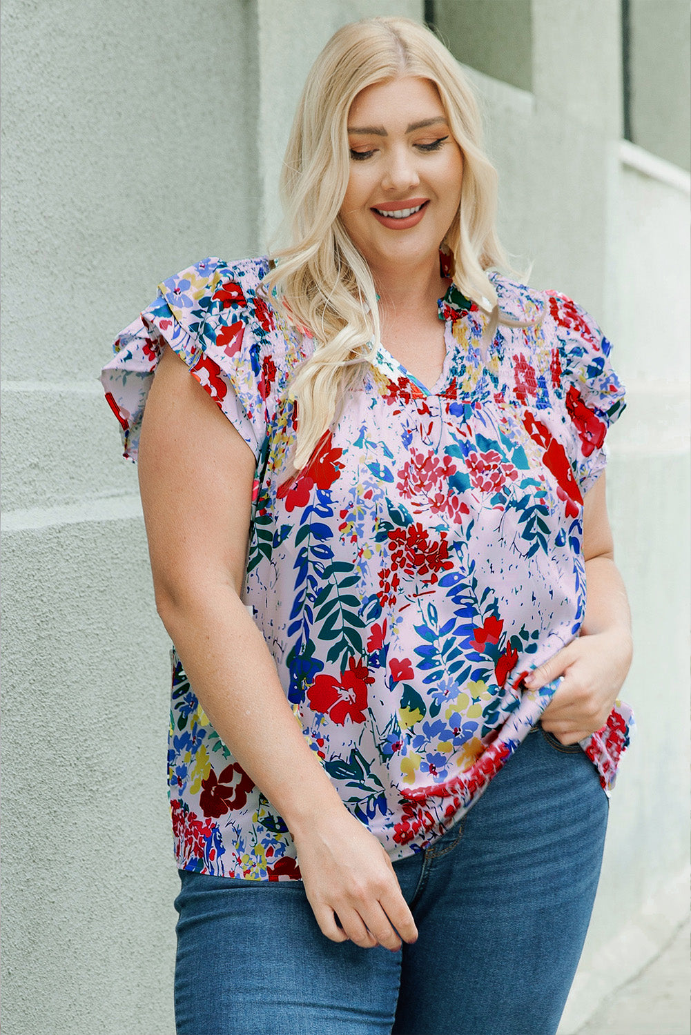 Plus Size Floral Smocked Flutter Sleeve Blouse - Classique Collection