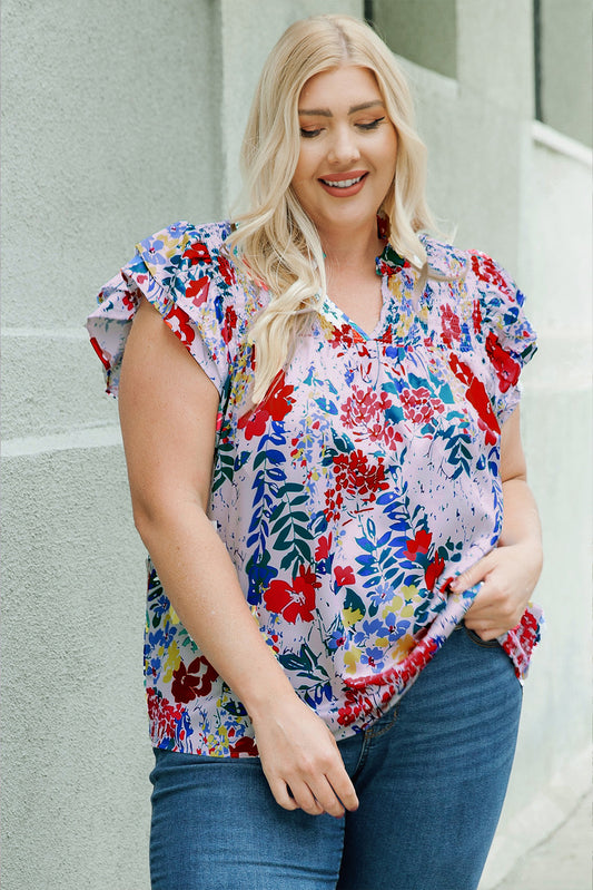 Plus Size Floral Smocked Flutter Sleeve Blouse - Classique Collection