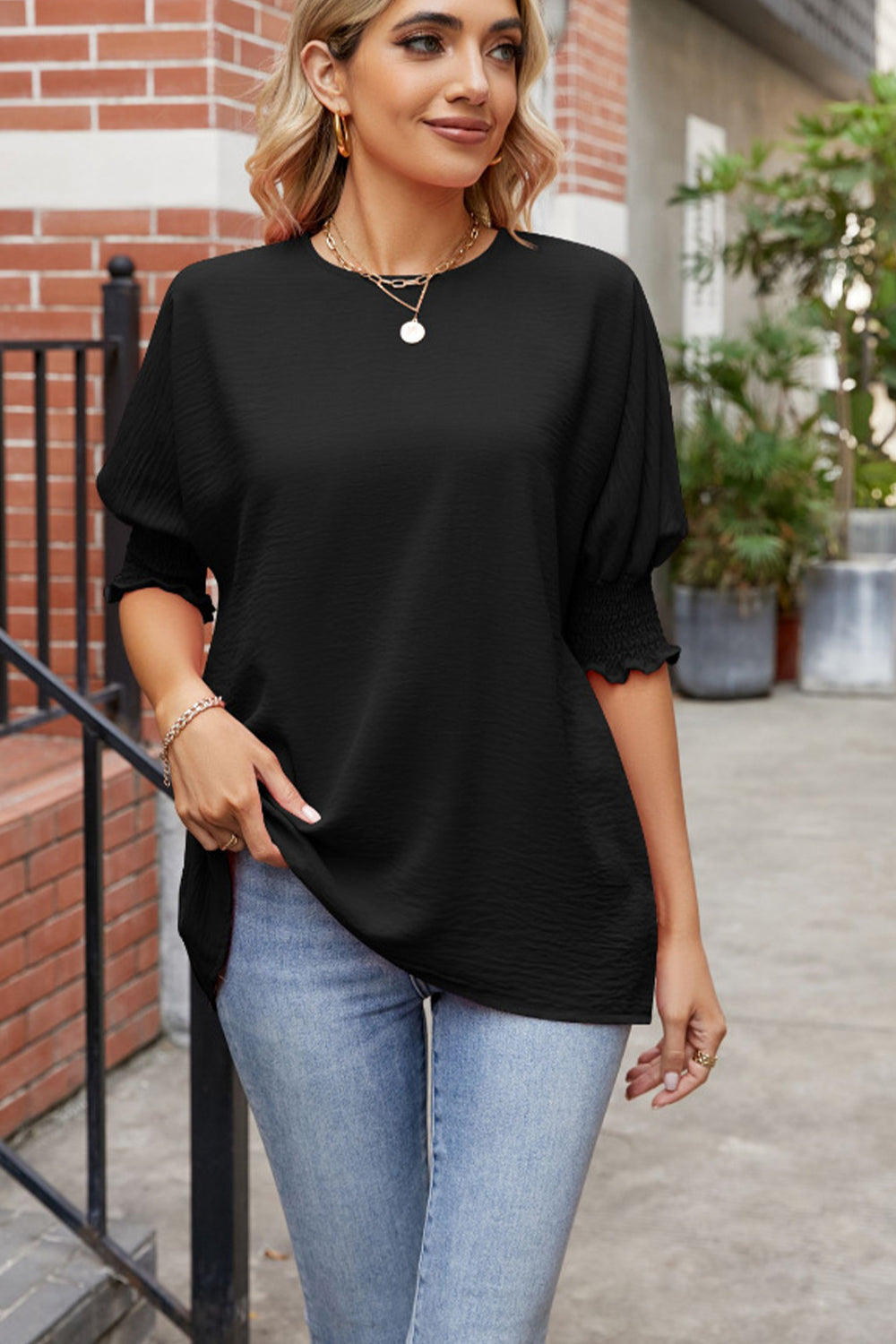 Round Neck Smocked Lantern Sleeve Blouse - Classique Collection