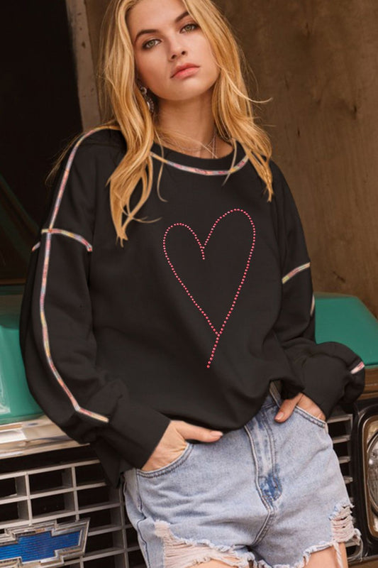 Valentine’s Day Rhinestone Heart Round Neck Long Sleeve Sweatshirt - Classique Collection