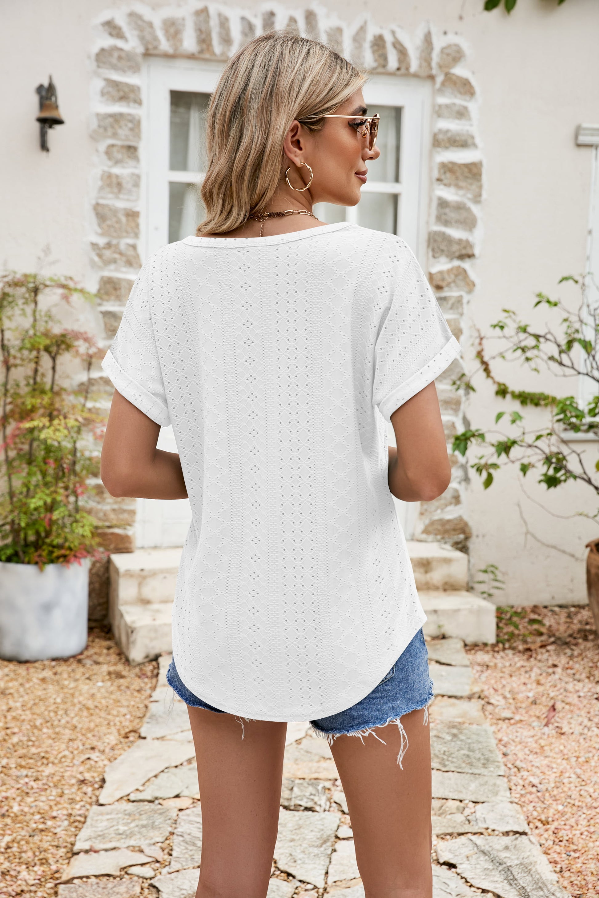 Full Size Round Neck Eyelet Short Sleeve Top - Classique Collection