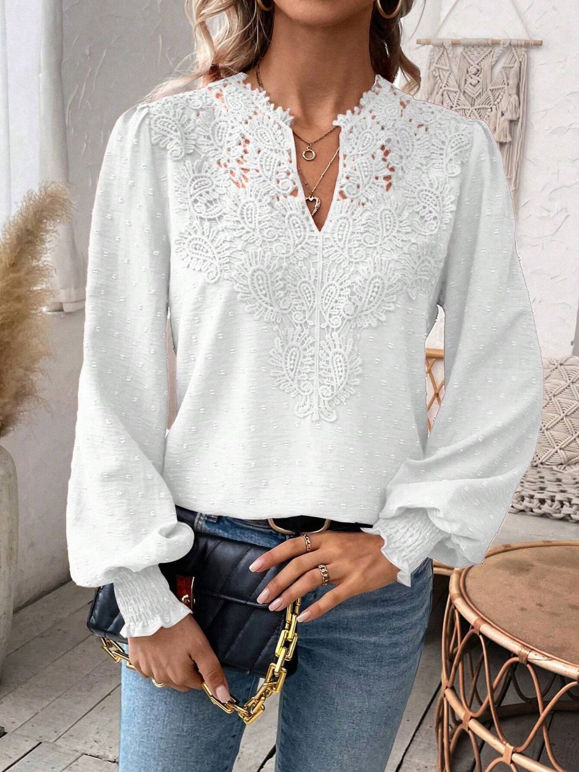Swiss Dot Lace Detail Notched Long Sleeve Blouse - Classique Collection
