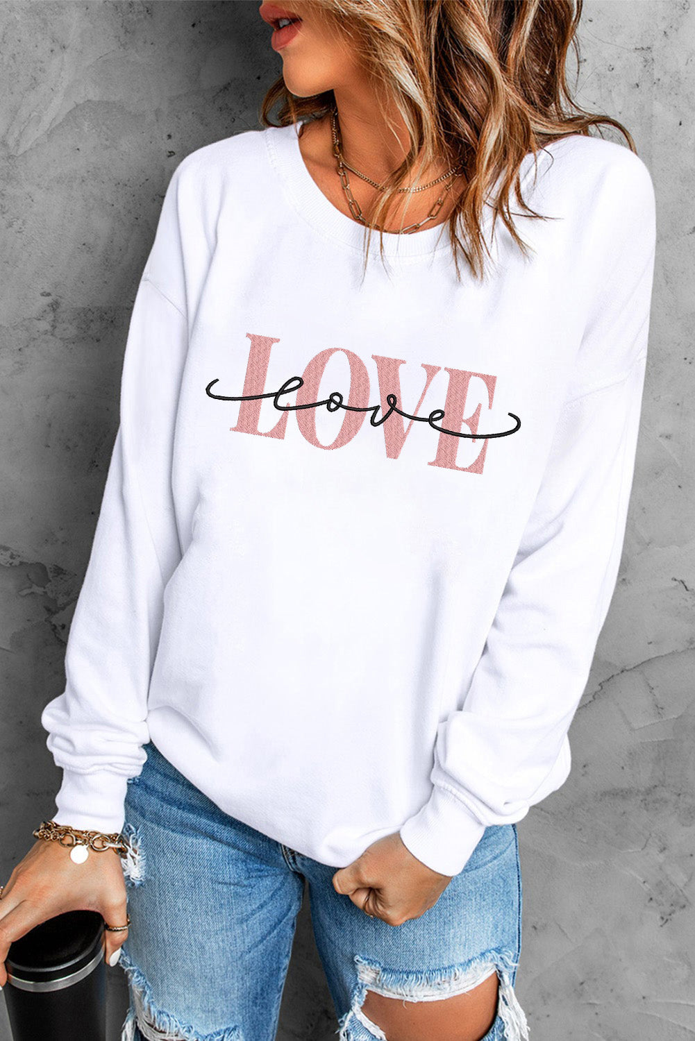 LOVE Round Neck Dropped Shoulder Sweatshirt - ClassiQ