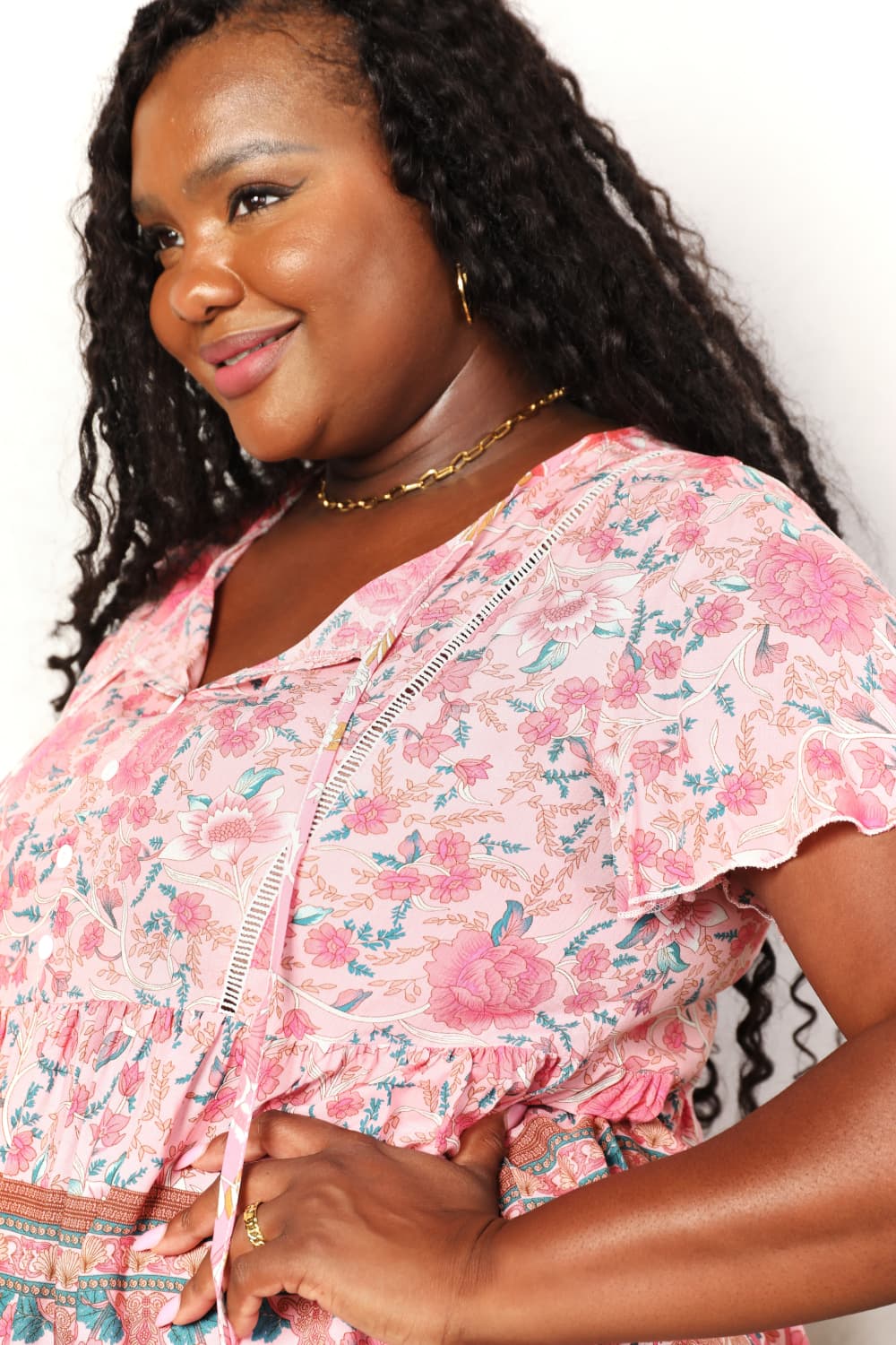 Perfee Bohemian Decorative Button Tie-Neck Peplum Blouse - Classique Collection