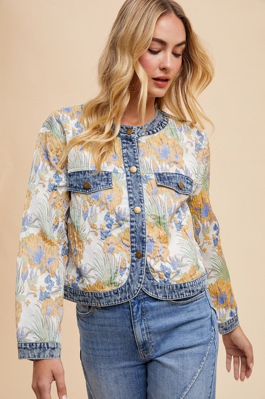 Annie Wear Floral Jacquard Denim Contrast Button Down Jacket - ClassiQ