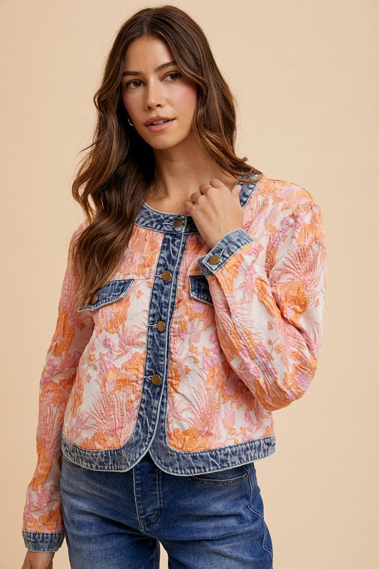 Annie Wear Floral Jacquard Denim Contrast Button Down Jacket - ClassiQ