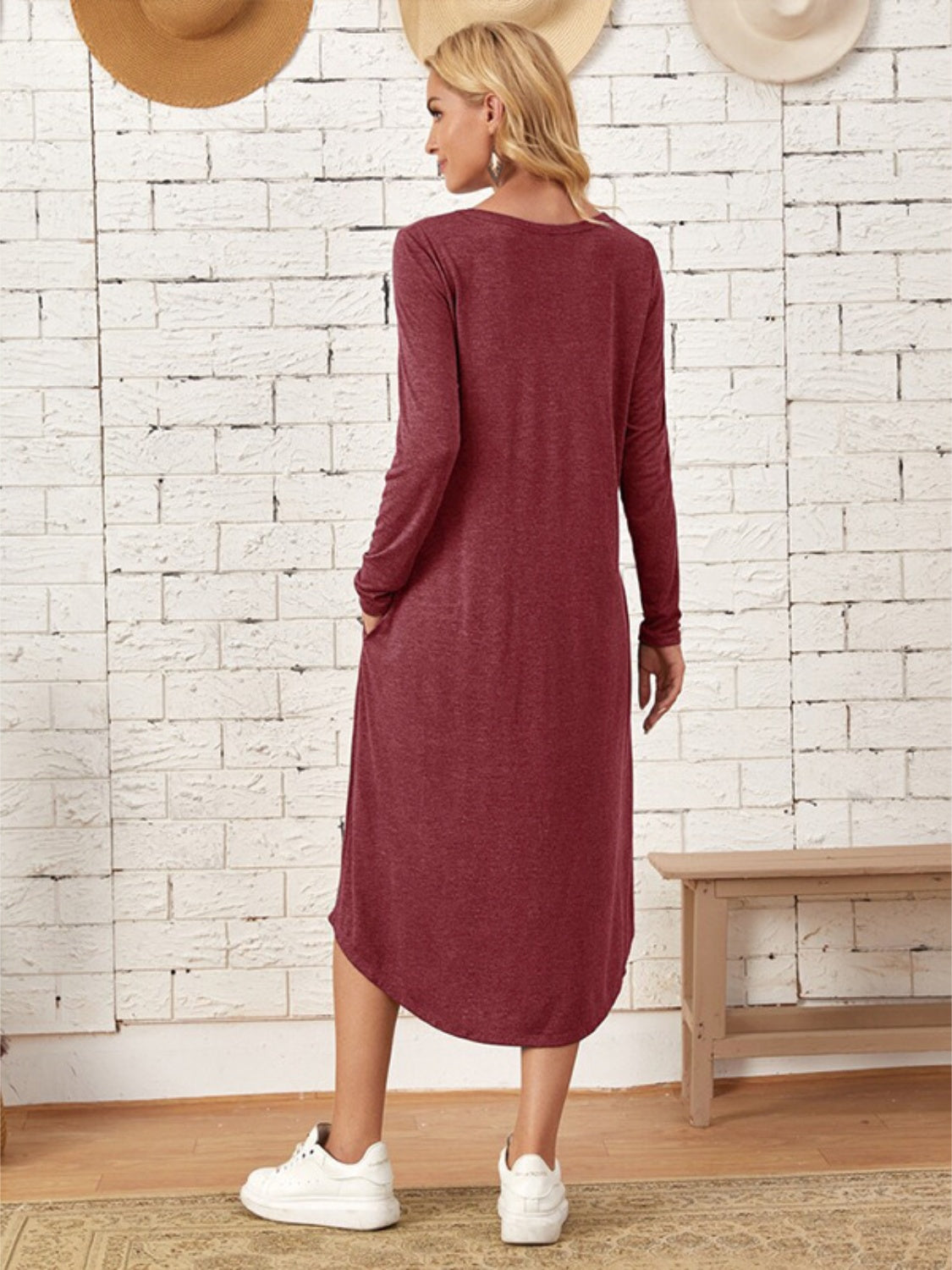 Pocketed Round Neck Long Sleeve Tee Dress - Classique Collection
