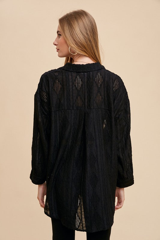 Annie Wear Openwork Button Down Drop Shoulder Shirt - ClassiQ