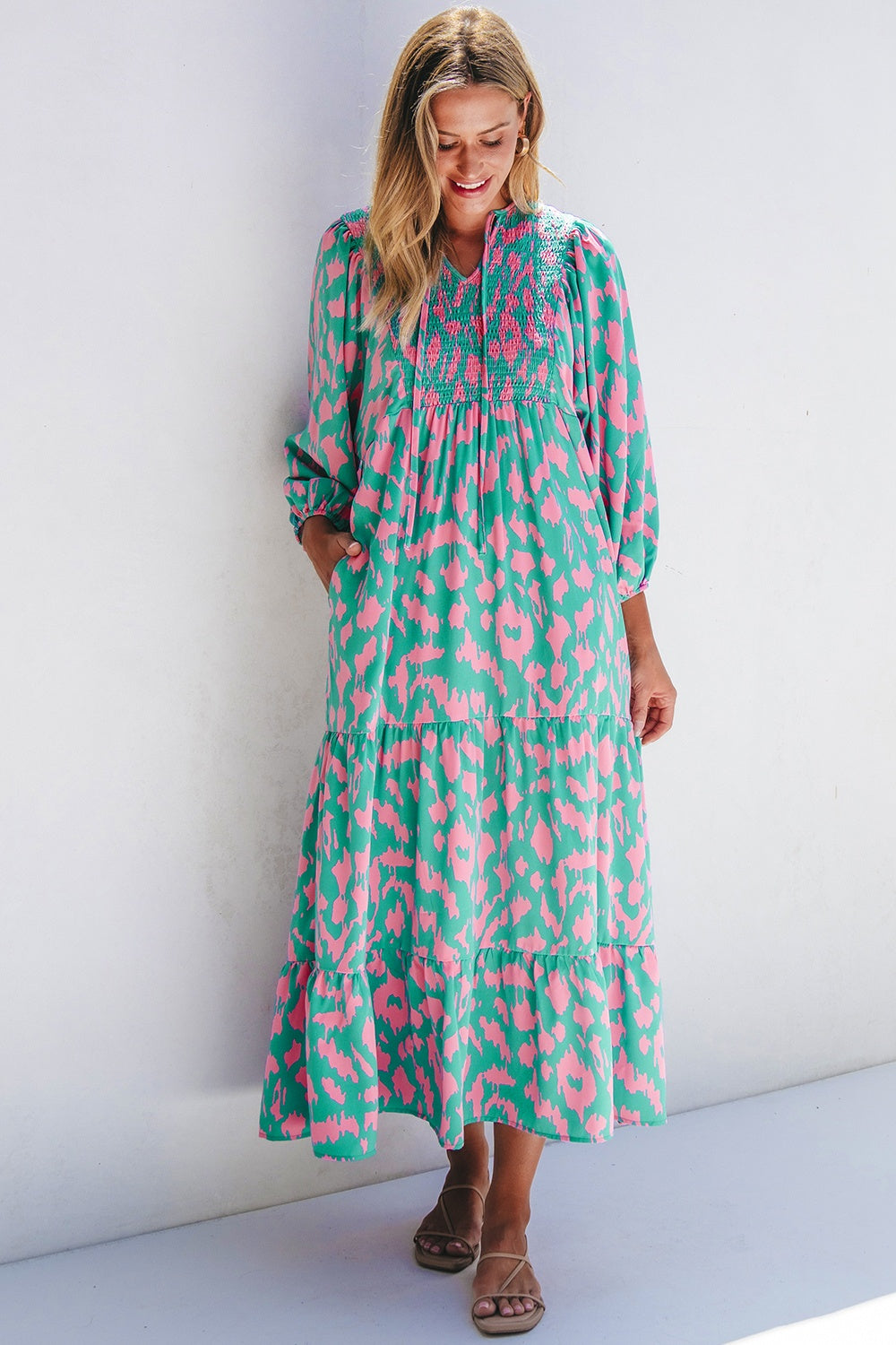 Smocked Printed Tie Neck Long Sleeve Dress - Classique Collection