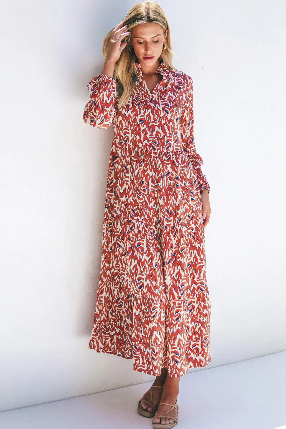 Printed Notched Long Sleeve Dress - Classique Collection