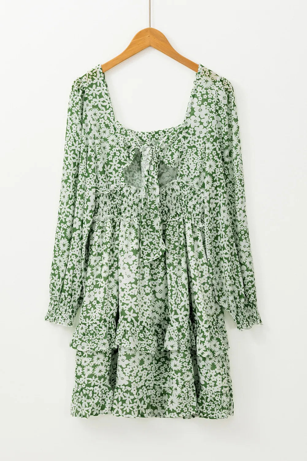 Ruffle Hem Floral Square Neck Long Sleeve Dress - Classique Collection