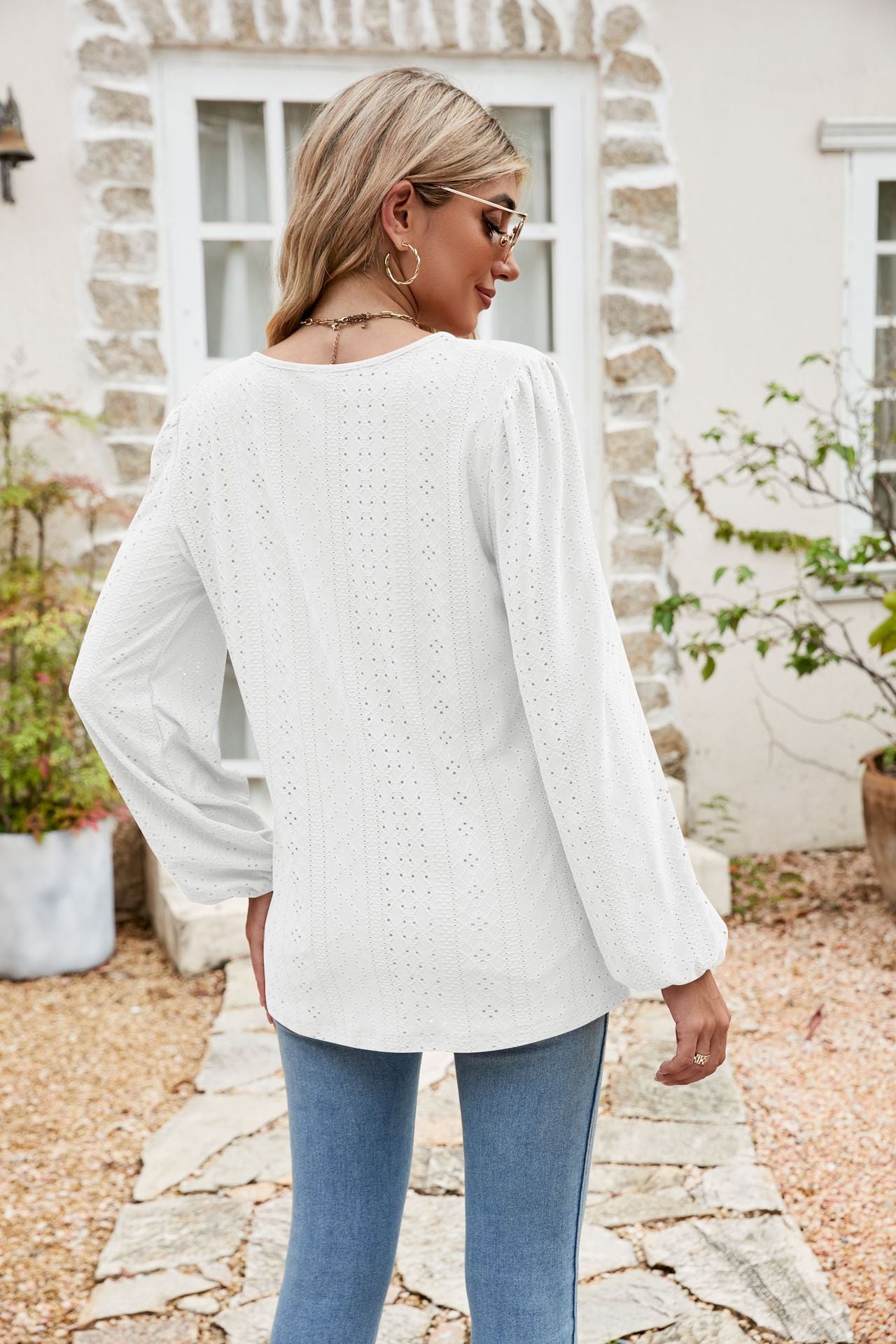 Eyelet Notched Neck Balloon Sleeve Blouse - Classique Collection