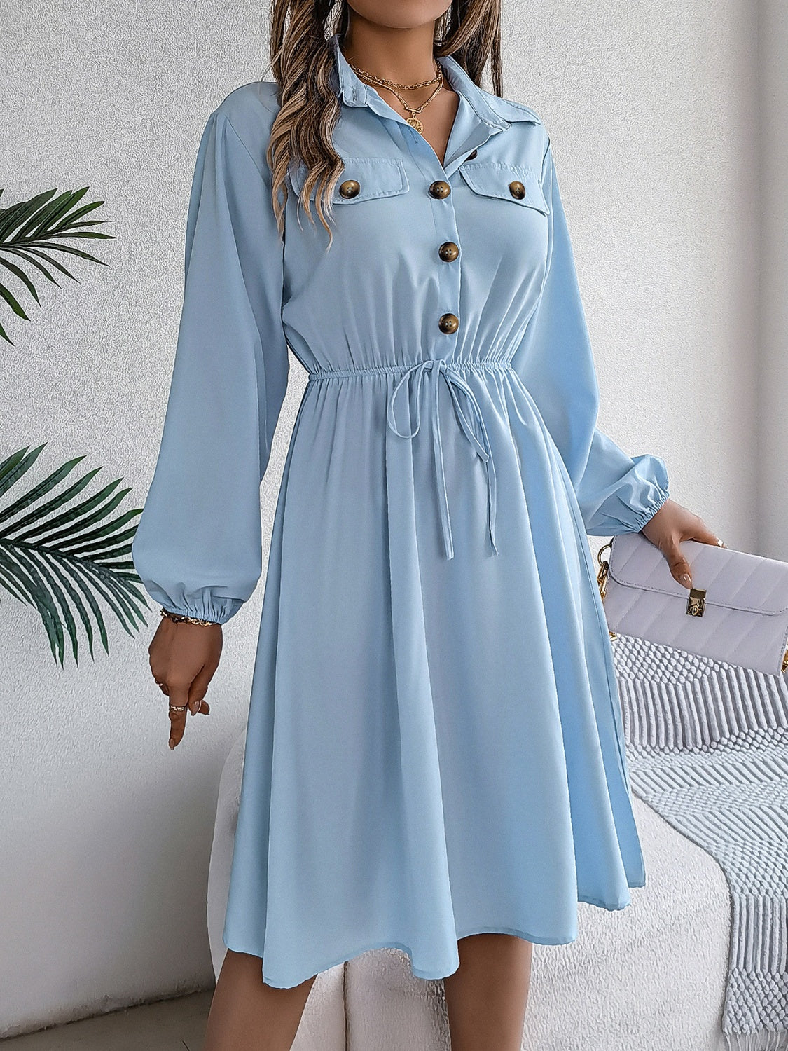 Collared Neck Long Sleeve Dress with Pockets - Classique Collection