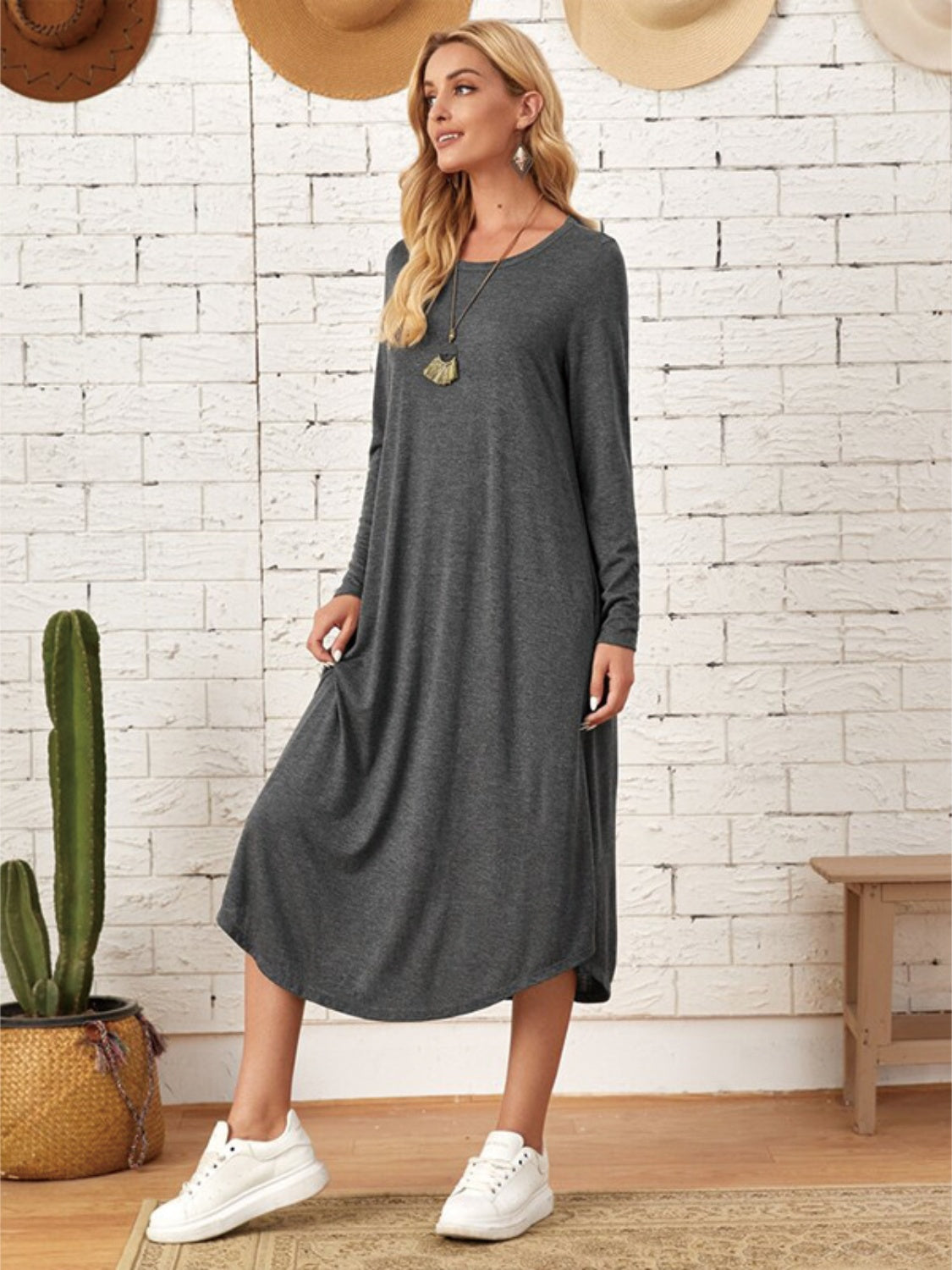 Pocketed Round Neck Long Sleeve Tee Dress - Classique Collection