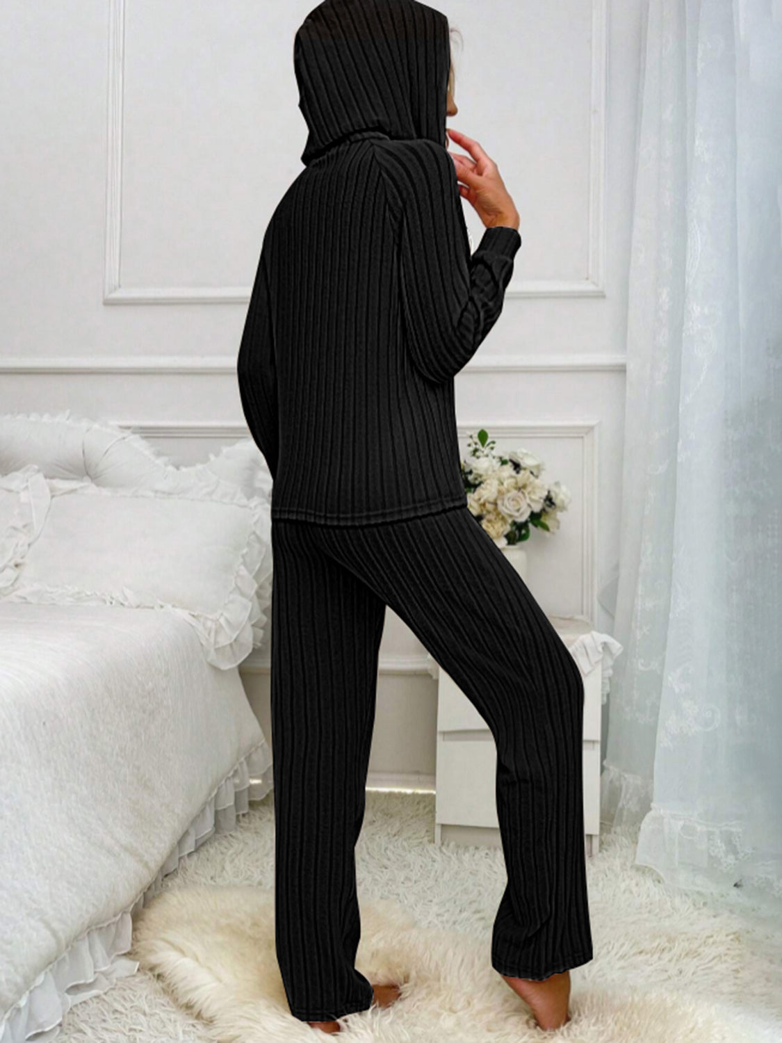 Drawstring Half Button Hooded Top and Ribbed Pants Set - ClassiQ
