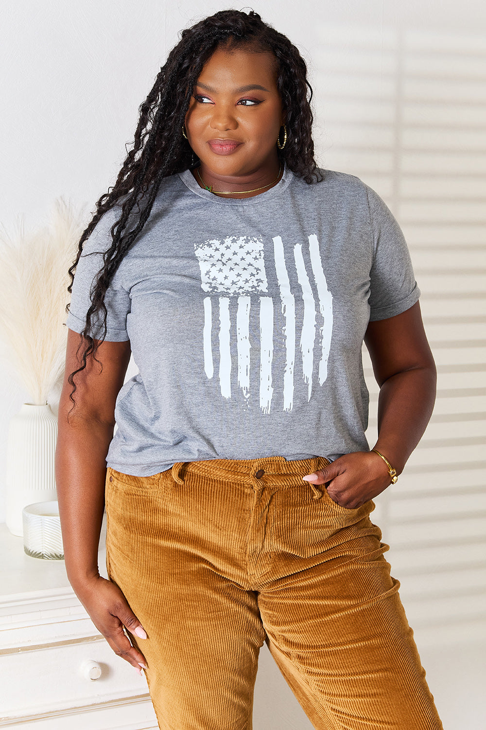 Simply Love US Flag Graphic Cuffed Sleeve T-Shirt - ClassiQ