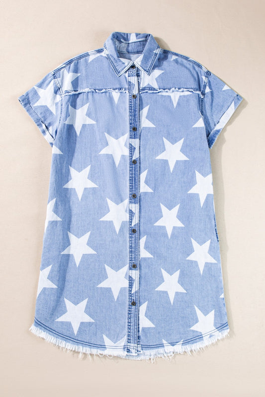 Raw Hem Star Short Sleeve Denim Dress - Classique Collection