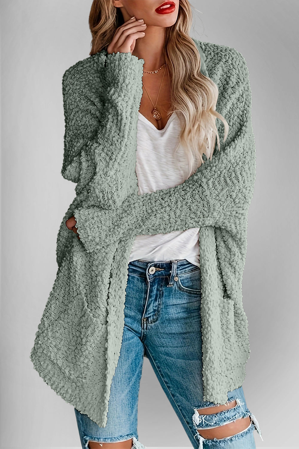 Double Take Pocketed Open Front Long Sleeve Cardigan - ClassiQ