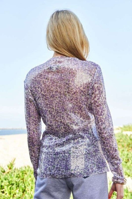 Davi & Dani Sequin Mock Neck Long Sleeve Mesh Top - Classique Collection