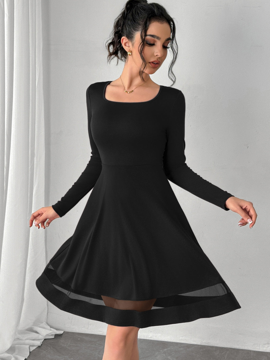 Square Neck Long Sleeve Mini Dress - Classique Collection