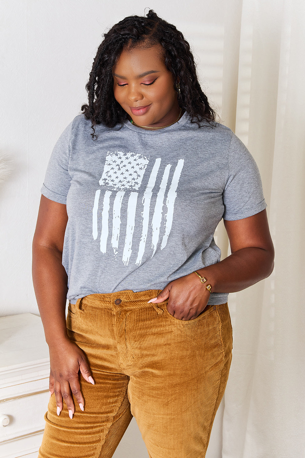 Simply Love US Flag Graphic Cuffed Sleeve T-Shirt - ClassiQ