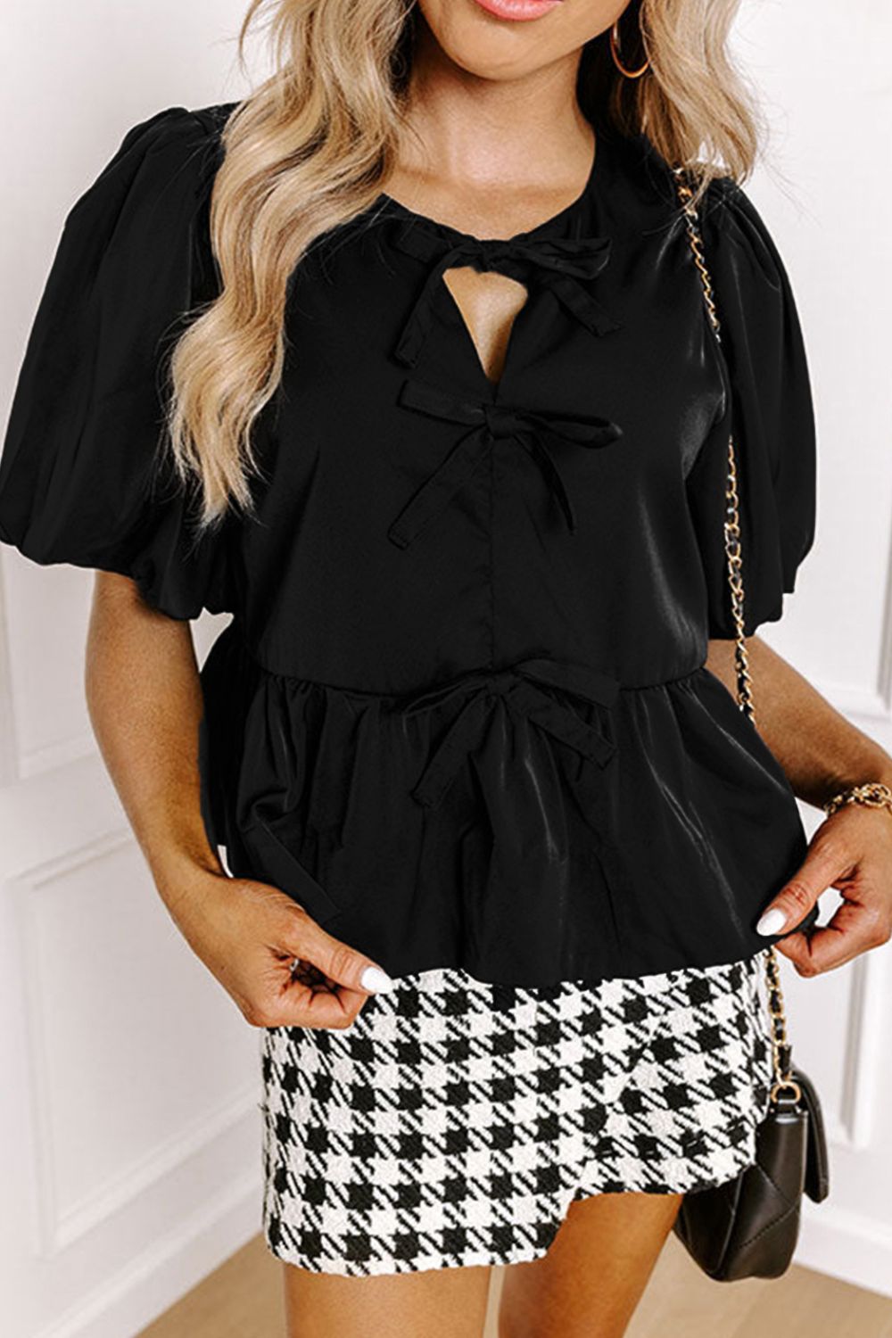 Cutout Round Neck Puff Sleeve Blouse - ClassiQ