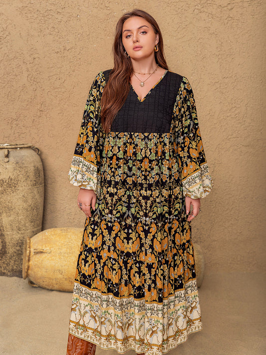 Plus Size Floral V-Neck Balloon Sleeve Midi Dress - Classique Collection