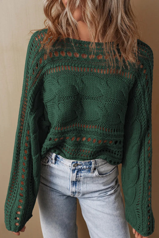 Cable-Knit Openwork Long Sleeve Sweater - ClassiQ