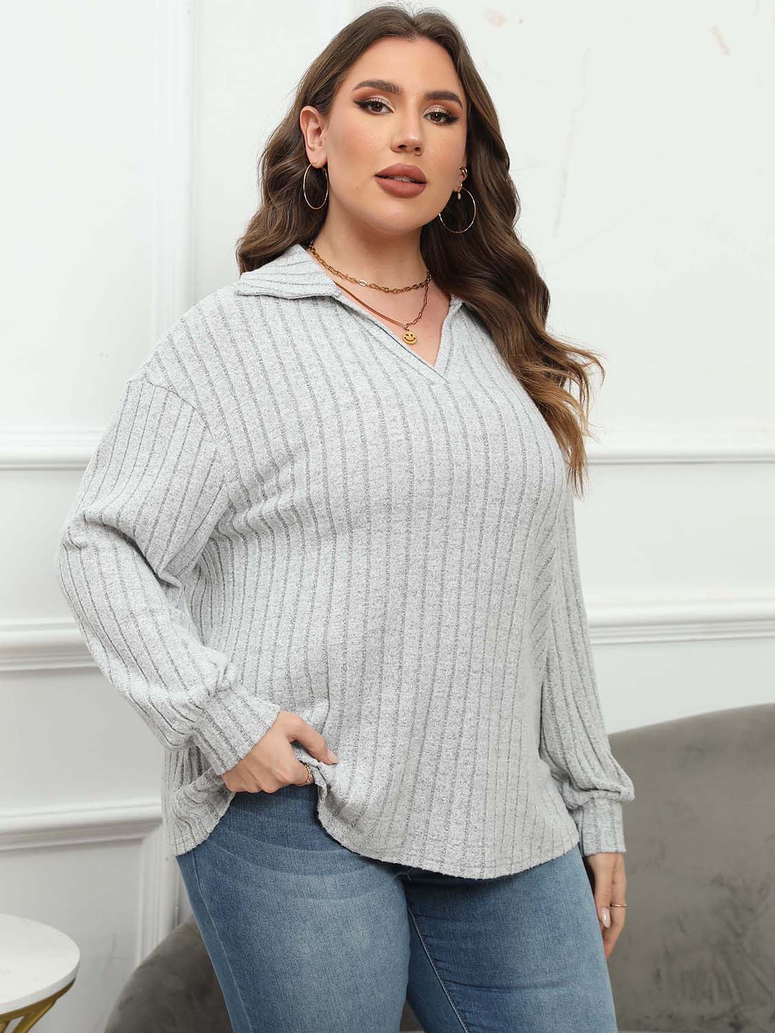 Plus Size Ribbed Collared Neck Long Sleeve Blouse - Classique Collection