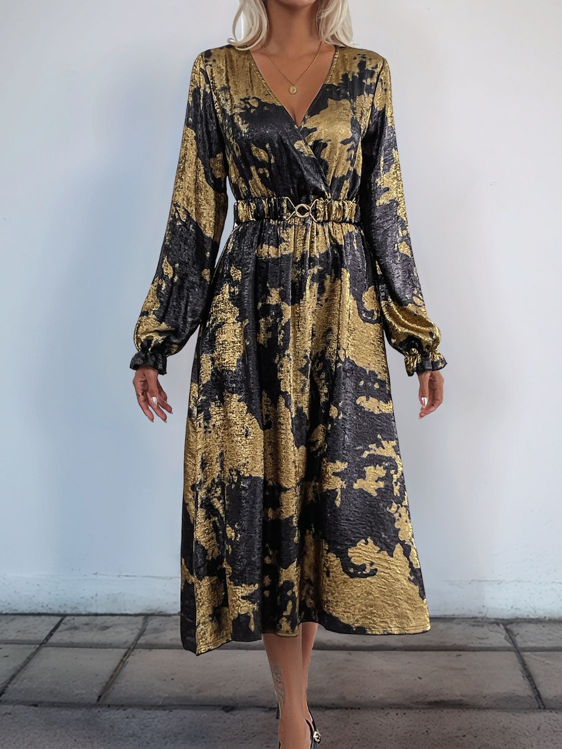 Perfee Printed Surplice Long Sleeve Midi Dress - Classique Collection