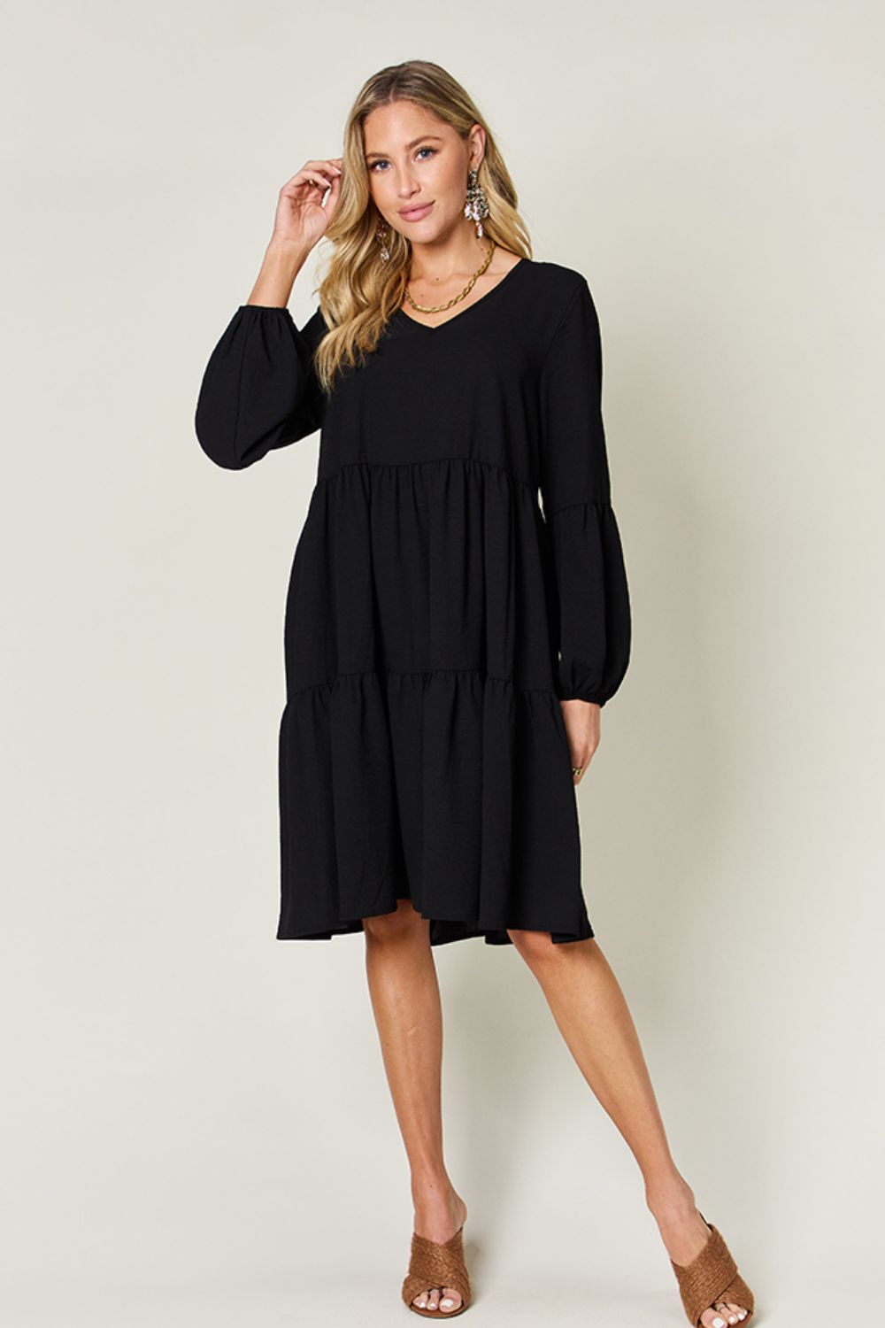 Double Take Full Size V-Neck Balloon Sleeve Tiered Dress with Pockets - Classique Collection