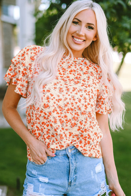Floral Round Neck Flutter Sleeve Blouse - ClassiQ