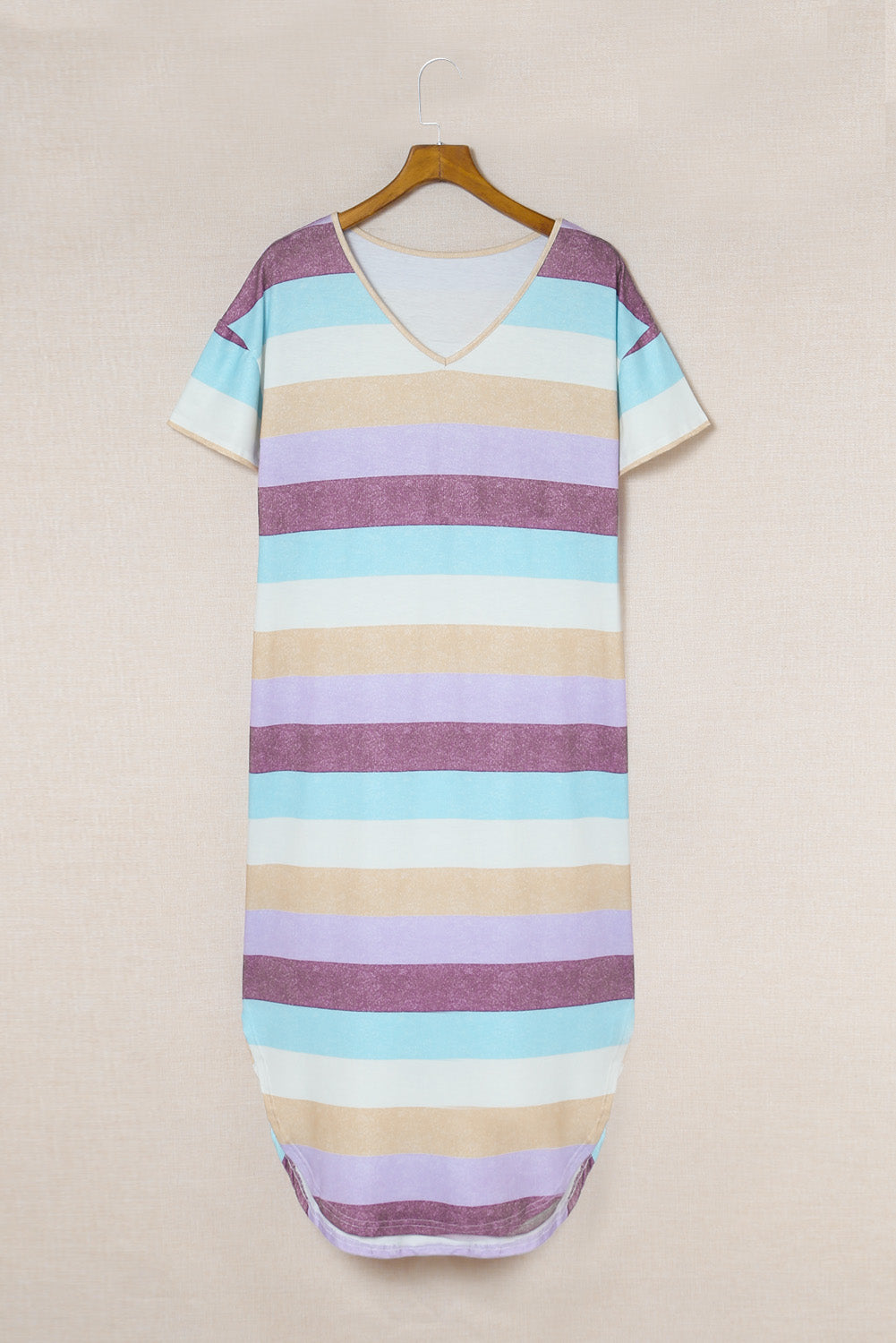 Striped V-Neck Curved Hem Midi Dress - Classique Collection