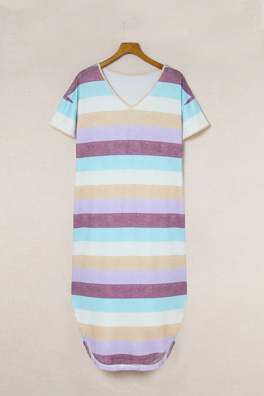 Striped V-Neck Curved Hem Midi Dress - Classique Collection