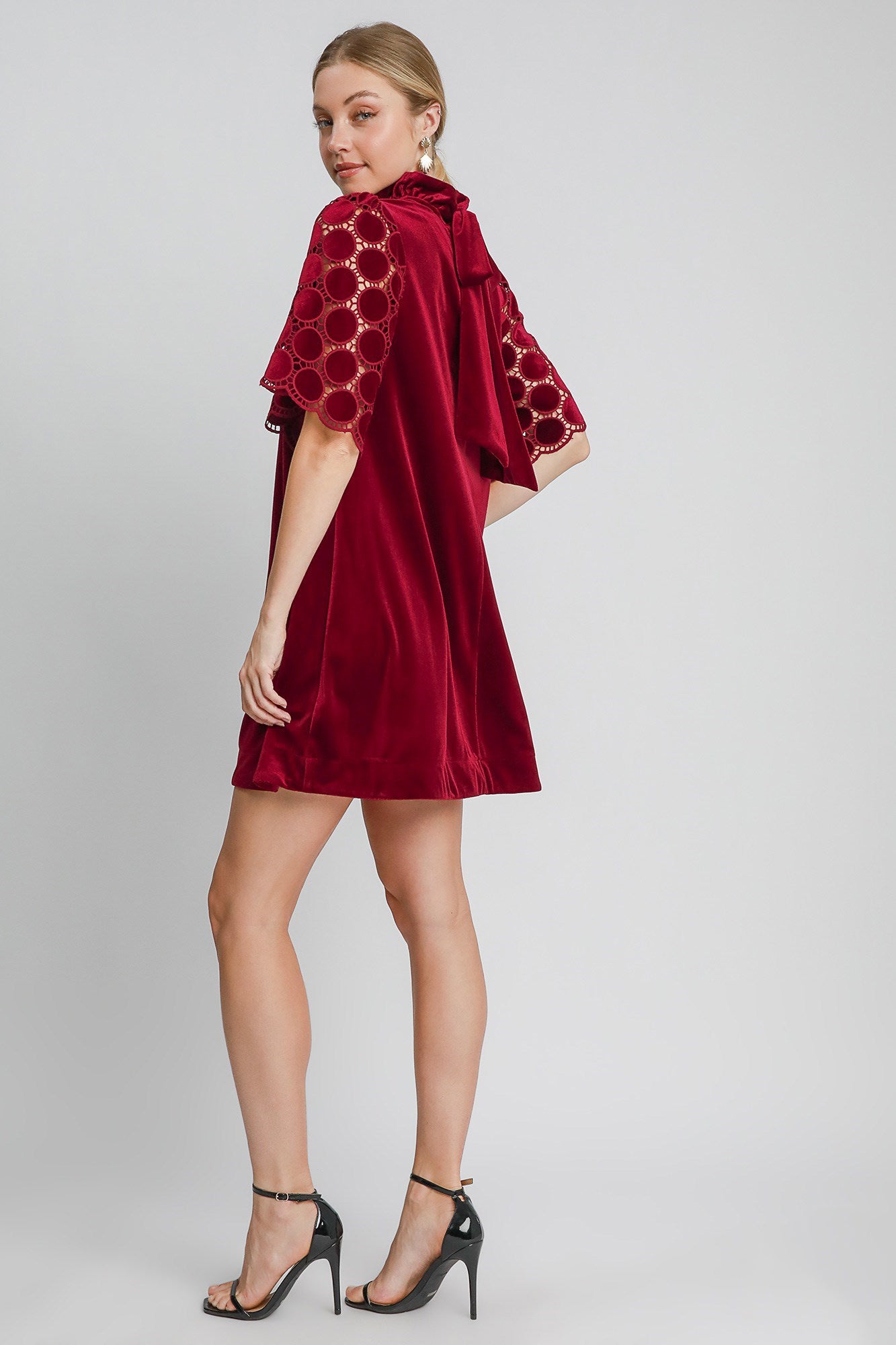 Umgee Dotted Lace Half Sleeve Mock Neck Back Tie Velvet Dress - Classique Collection