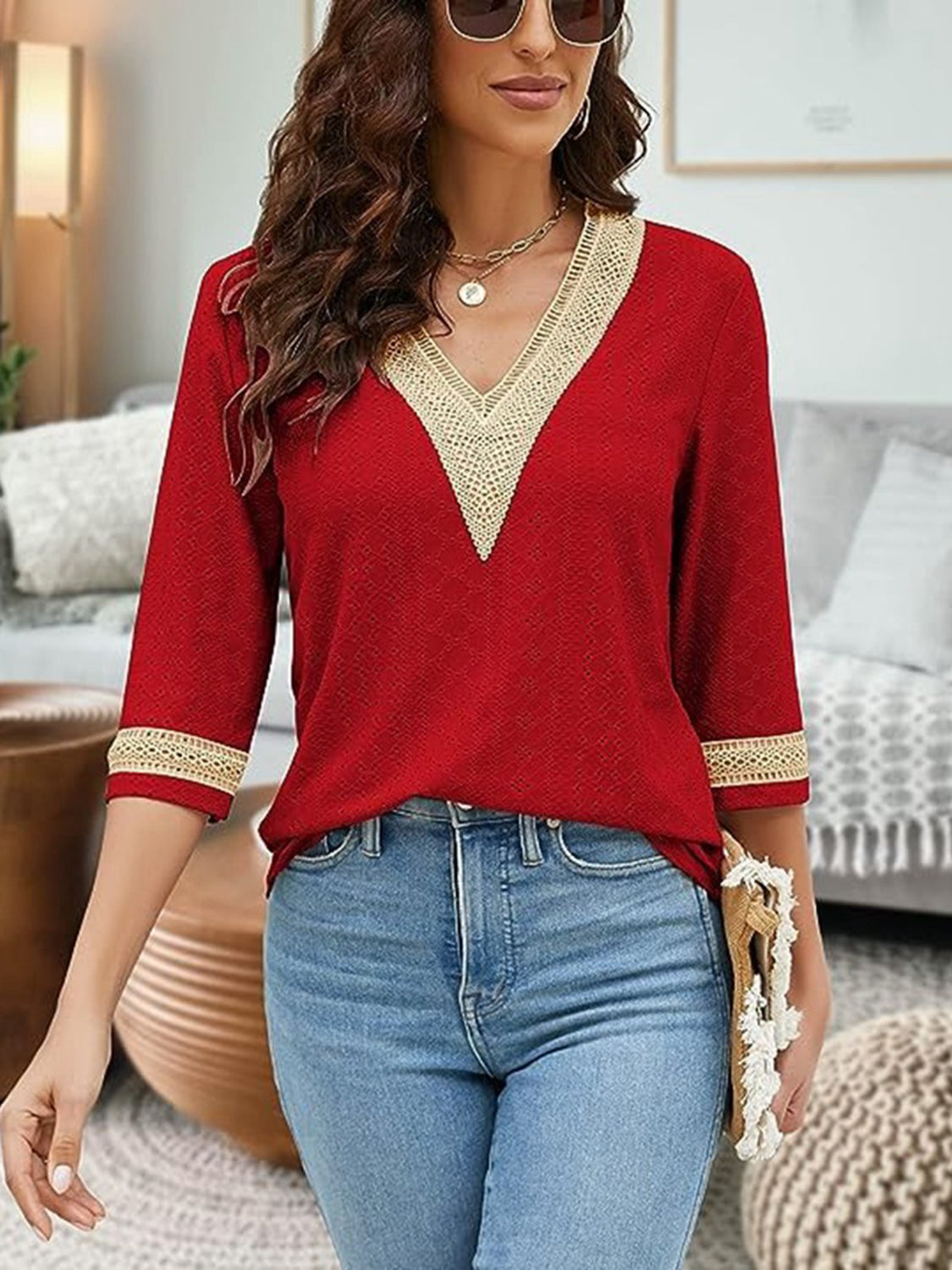 V-Neck Eyelet Blouse - Classique Collection