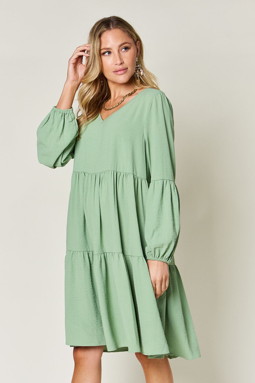 Double Take Full Size V-Neck Balloon Sleeve Tiered Dress with Pockets - Classique Collection