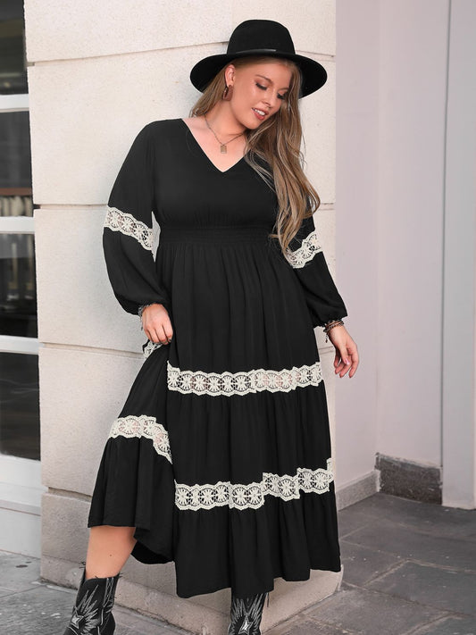 Plus Size Lace Detail V-Neck Long Sleeve Midi Dress - Classique Collection