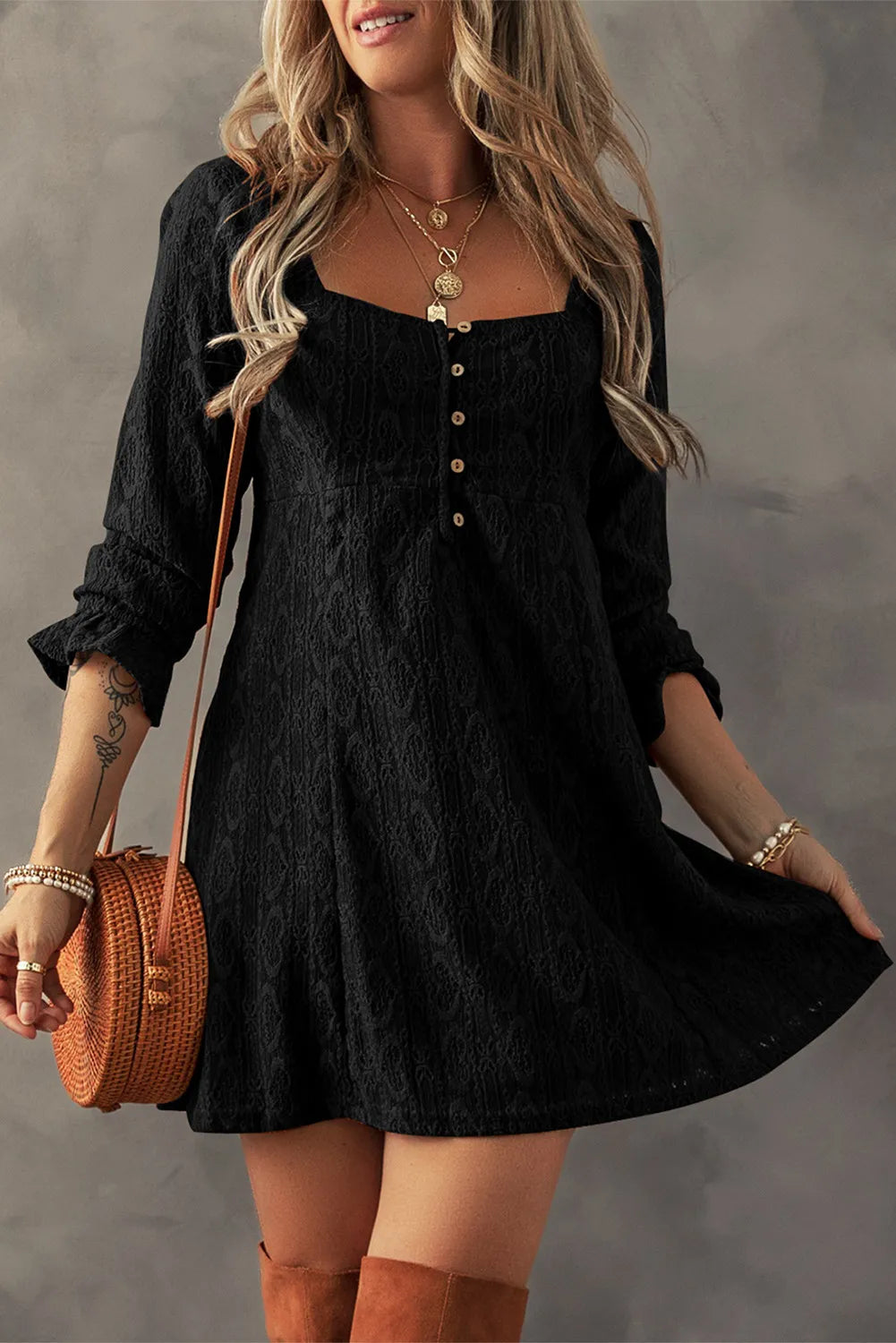 Textured Square Neck Mini Dress - Classique Collection