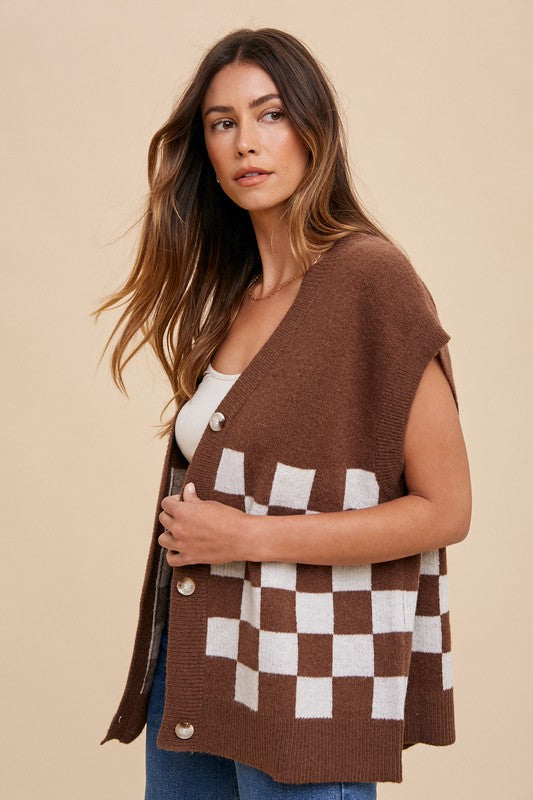 Annie Wear Checkered Button Down Short Sleeve Cardigan - ClassiQ